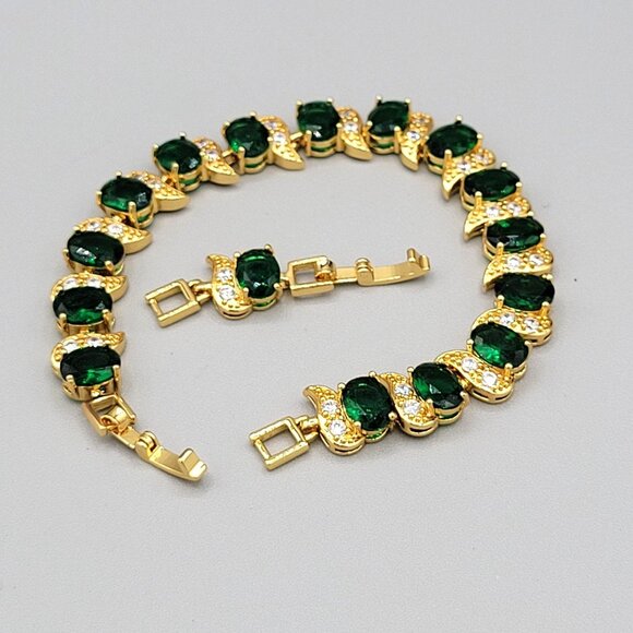 Gold Tone Bracelet With Green & Clear CZ Stones Prong Set Adjustable - Picture 1 of 7